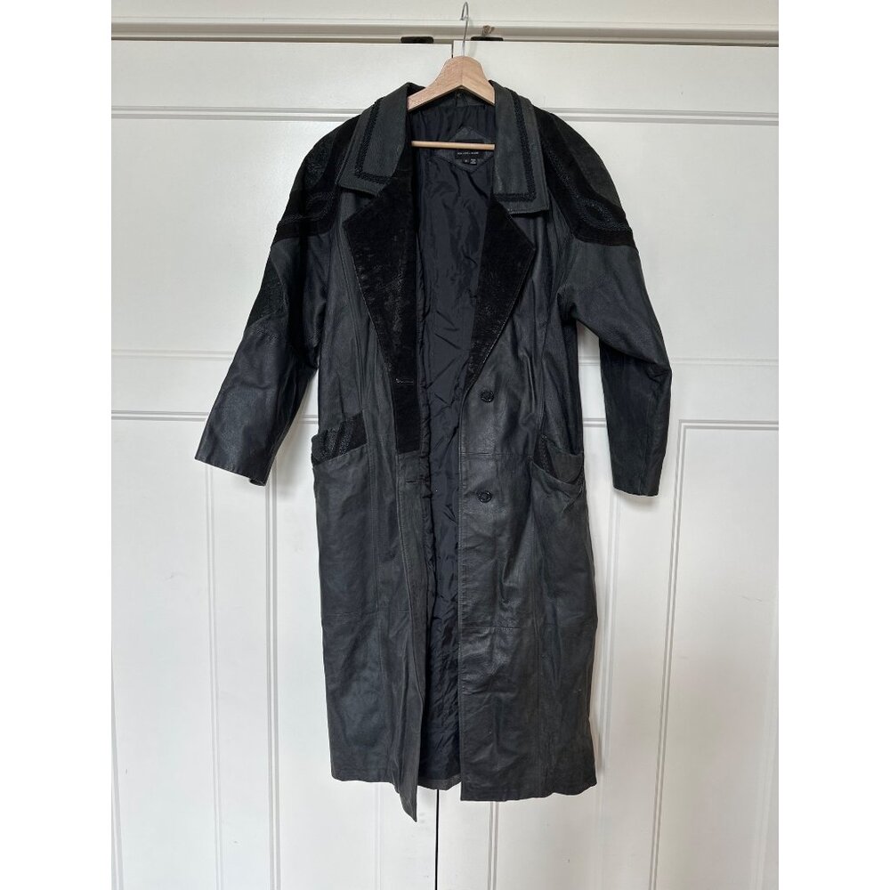 Vtg Pelle Leather Trench Coat Women Small 80s Long Embossed Mobwife Shoulder Pad